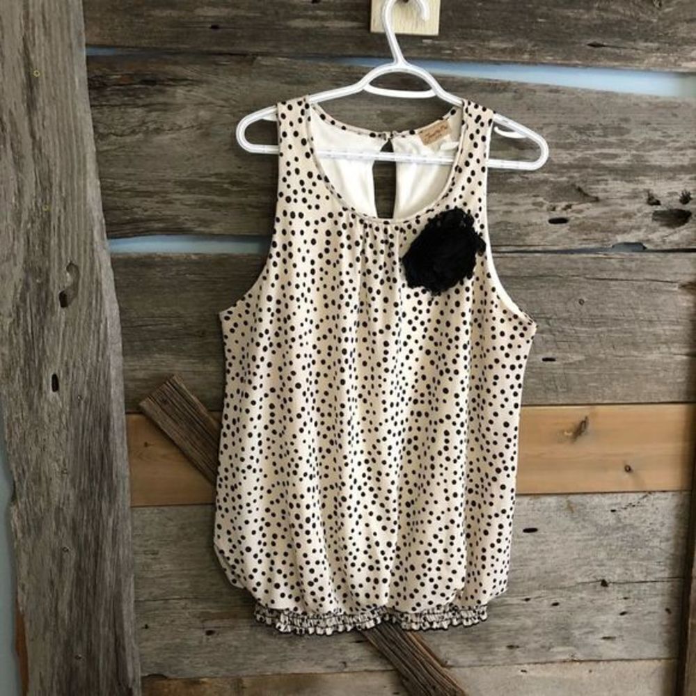 JANETTE Plus USA Plus size 3XL Cream polka dot blouse with chiffon flower